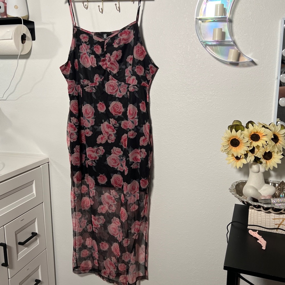 SHEIN Black Maxi Dress with Pink Floral Pattern